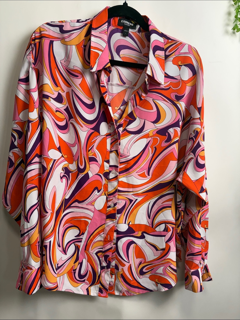 Express Retro Swirl Button-Up Shirt in Pink, Orange & Purple